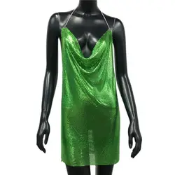 Glamorous Metallic Sequin Backless Mini Dress with Mesh Harness Details - S (Green)