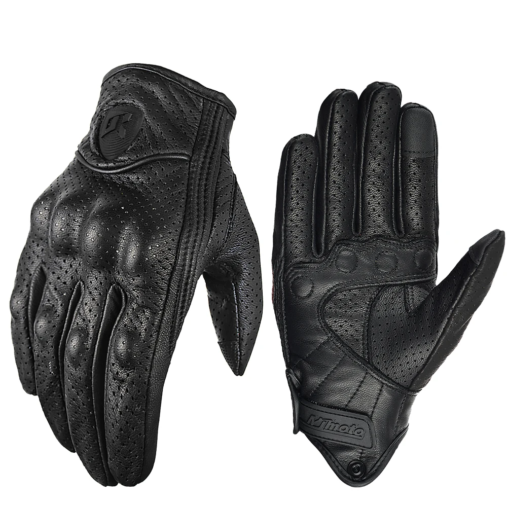 Vintage Leather Motorcycle Gloves - Men's Black Touchscreen Anti-Slip Retro Design