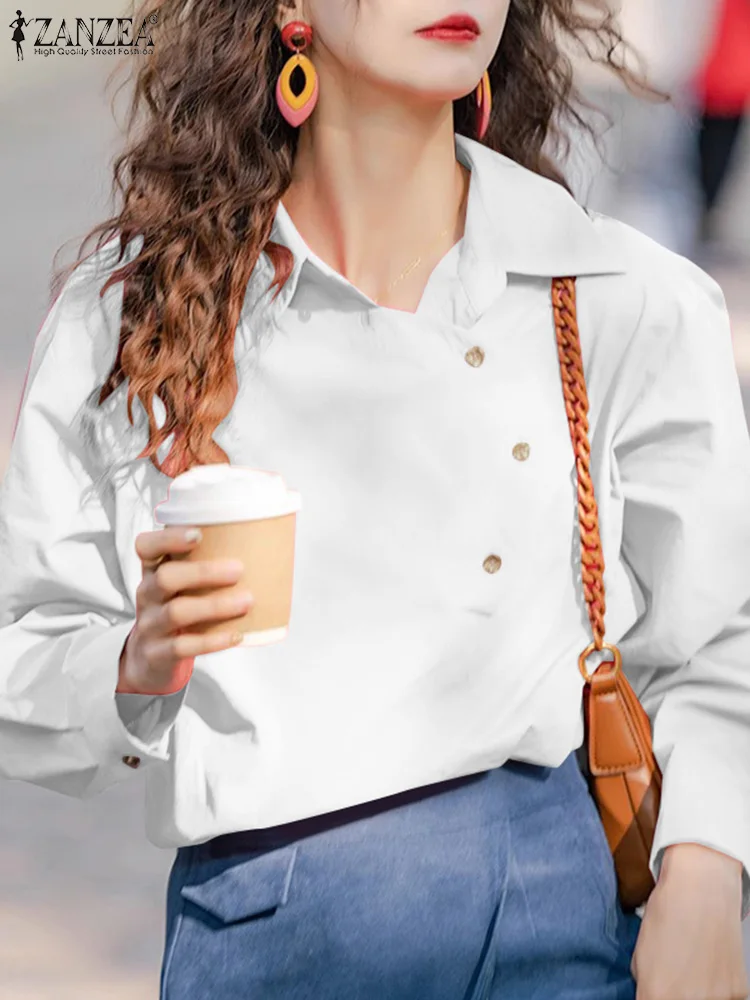 

Блузка ZANZEA Женская свободного покроя, Повседневная модная Однотонная рубашка с воротником с наклонной планкой и отложным воротником, Топ с длинным рукавом, весна 2024