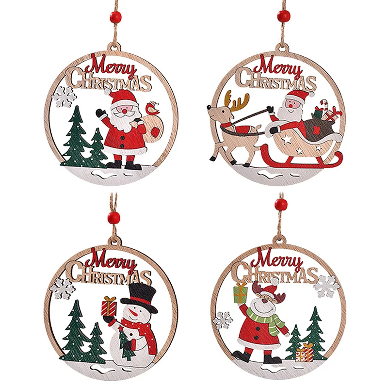 New Christmas Wooden Pendant Cartoon Santa Claus Snowman Elk Xmas Tree Drop Ornament Home Party Snowflakes Hanging Decoration