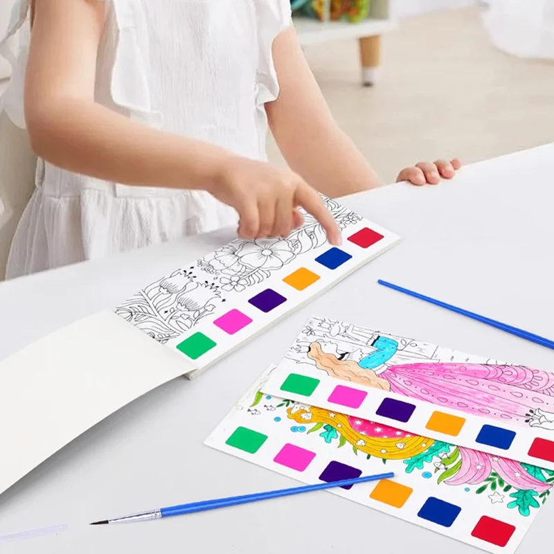 Magic Watercolor Coloring Book for Kids 12 Sheets Graffiti Painting Notebook with Paint Brush Water-Activated Gouache Drawing 6