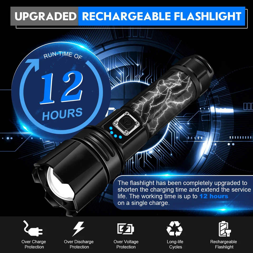 taoquwe Torcia a LED ricaricabile ad alta luminosità, 990000 lumen, super luminosa, ad alta potenza, USB, potente IPX6, impermeabile, torcia portatile per casa, escursionismo, campeggio (confezione da