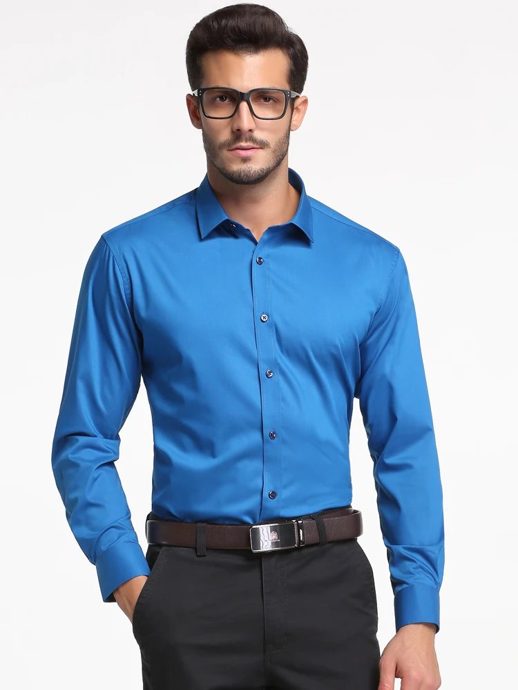 Men's Classic Silk Touch Bamboo-fiber Long Sleeve Dress Shirts Without Pocket Regular-fit Solid Business Office Easy-care Shirt