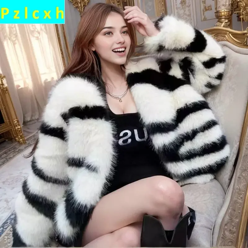 

2023 New Autumn Winter New Zebra Pattern Faux Fox Hair Short Fur Coat Environmental Protection Anti Fur Jacket Women