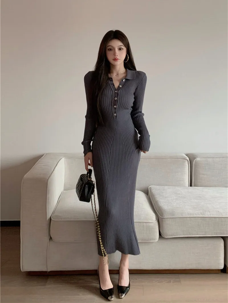 

Y2K Women Bodycon Knitted Dress Lady Single Breasted Lanter Sleeve Elegant Female Turn Down Collar Mid Split Slim Dresses Autumn