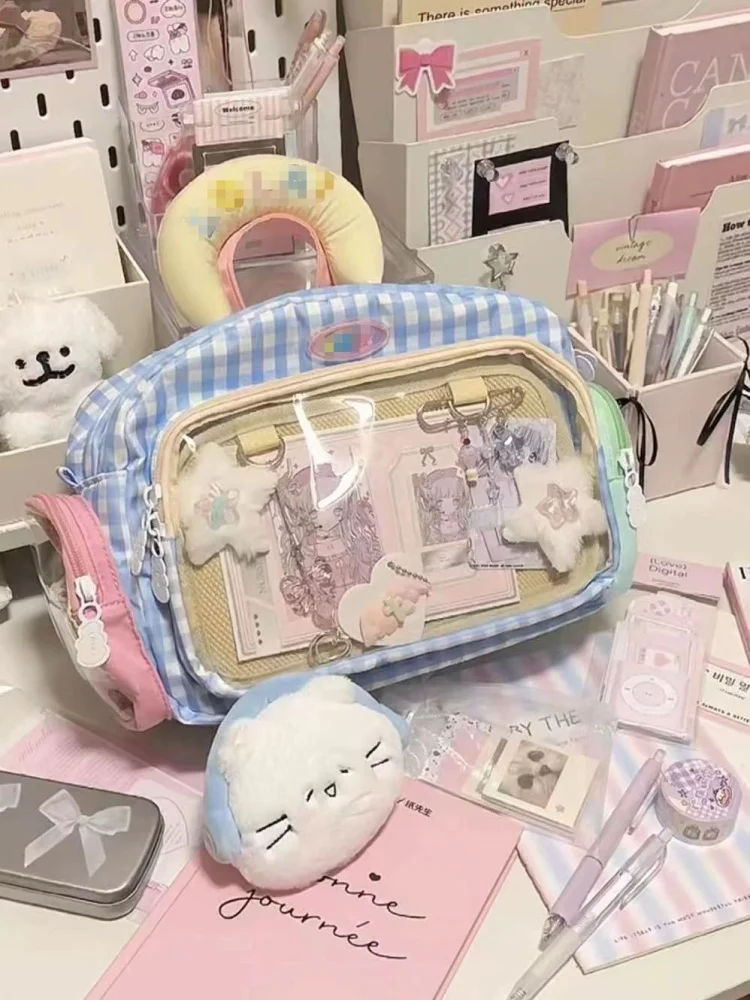 Contrast Color Plaid Transparent Backpack Casual Big Capacity Schoolbag Handbag Student Leisure Travel Backpack