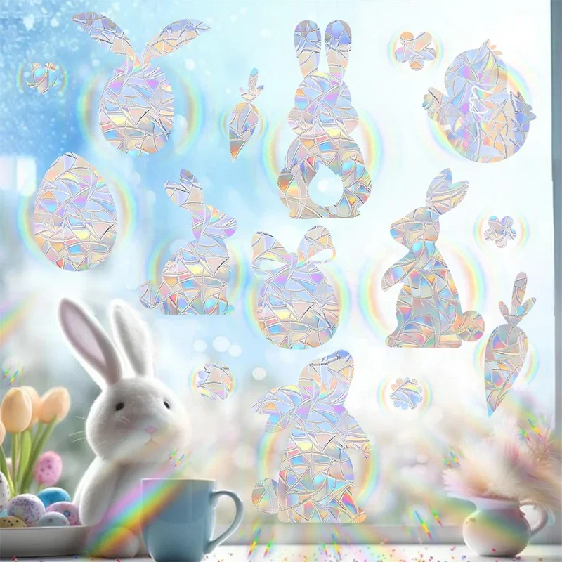 Easter Rabbit Sun Catcher Window Sticker 1Set Electrostatic Easter Eggs Carrot Chick Flower Rainbow Prism Glass Decal Home Decor