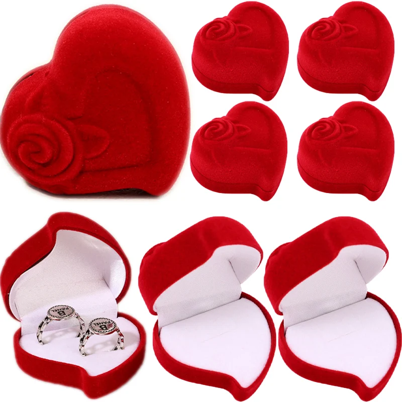 Red Rose Heart Ring Box Couple Display Velvet Design Holder for Lovers Marriage Wedding Storage Packaging Jewelry Organizer