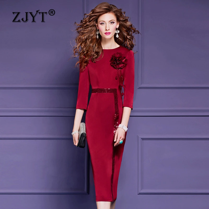 

ZJYT Women's 3D Floral Sequined Red Party Dresses Elegant Midi Spring Dress Plus Size Vintage Formal Occasion Vestidos Fiesta