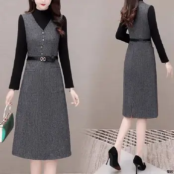 Abito autunnale a maniche lunghe, alla moda, affascinante, casual, che riduce l'età, elegante, lusinghiero, finto abito in due pezzi 1