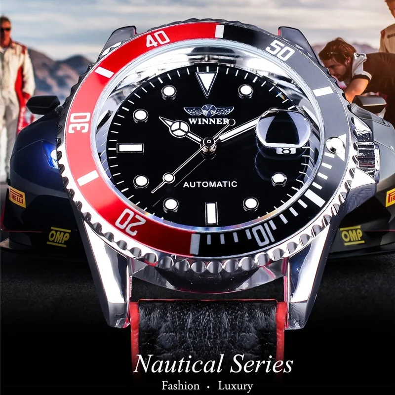 Men's Automatic Mechanical Wristwatch with Luminous Hands and Date Feature - Elegant Stainless Steel and Leather Design