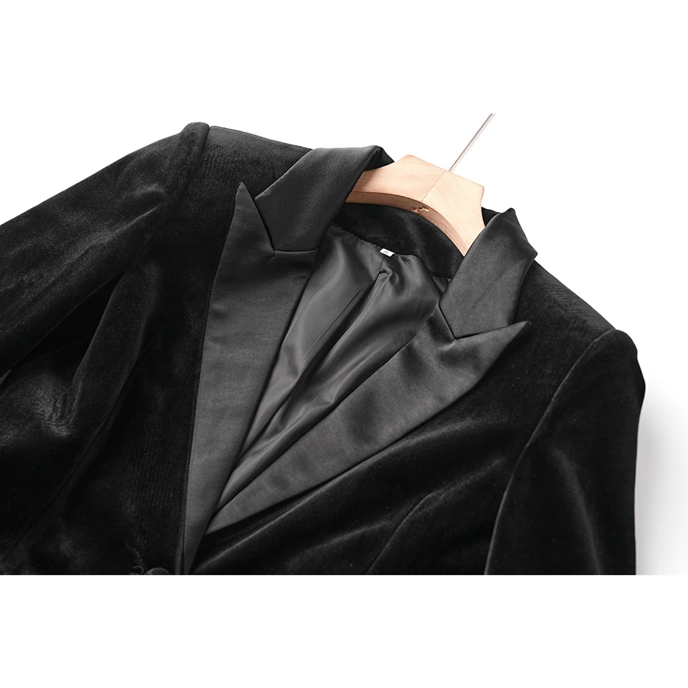 New Autumn Winter Women Black Fluffy Feather Patchwork Fashion Classic Velvet Blazer Quality Jackets 3