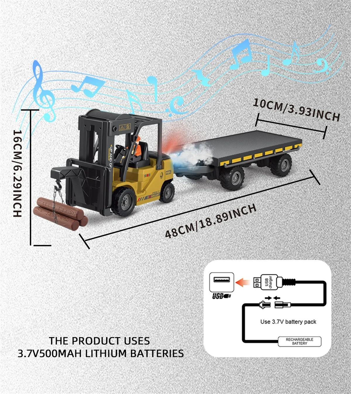 2In1 Rc Forklift Truck with Trailer Remote Control Car Engineering Vehicles Cranes Liftable Spray Simulated Sound Toys Gifts
