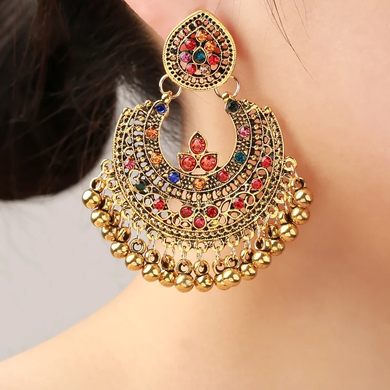 Exaggerated Pendant Earrings for Women Bohemian Colorful Zircon Crystal Pearls Tassel Earrings Retro Alloy Ethnic Indian Jewelry