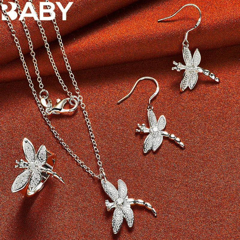 

URBABY 925 Sterling Silver AAA Zircon Dragonfly Pendant Necklace Earrings Ring For Woman Wedding Engagement Party Jewelry Set