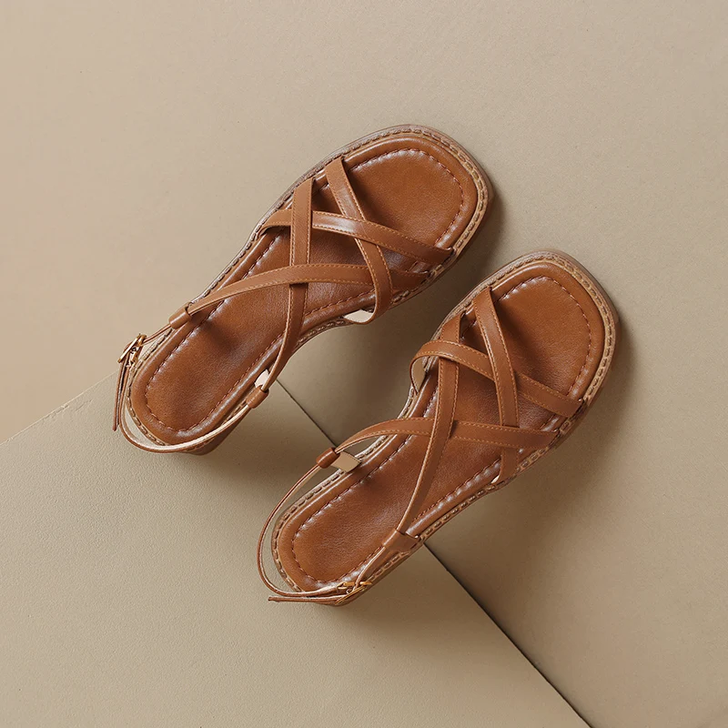 QUTAA Sexy Sandals Women Flats Heels Pumps Shoes Slingbacks Cow leather Summer Round Toe Party Wedding Shoe Office 34-43