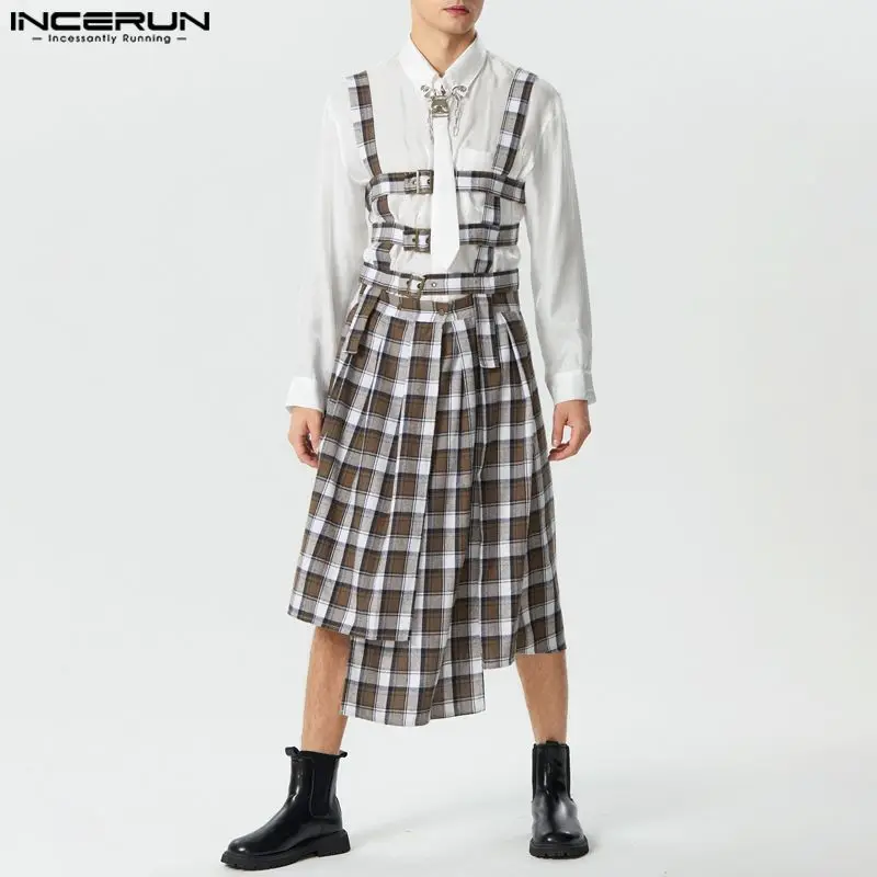 

INCERUN Men Irregular Skirts Jumpsuits Plaid Hollow Out Pleated Casual Male Rompers Streetwear 2023 Personality Fashion Skirts