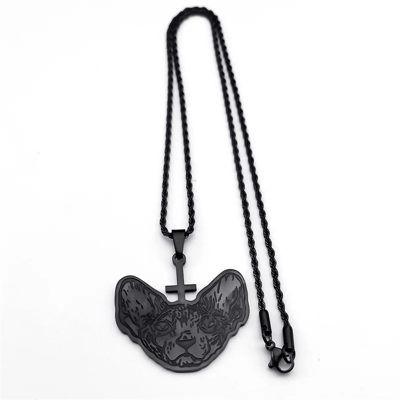 Goth Sphinx Haarlose Katze Halskette für Frauen/Männer Edelstahl Schwarz Farbe Invertiert Kreuz Halsketten Schmuck kragen N2566S06 – Detail 6