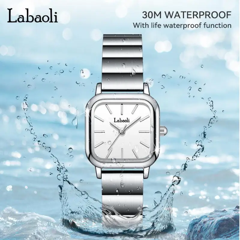 LABAOLI Women Minimalist Green Watches For Women Wristwatches Quartz Stainless Steel Square Silver Steel Ladies Wrist Watches