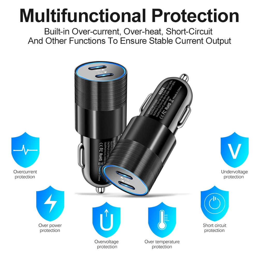 40W Dual PD Type C Car Phone Charger Fast Charging USB C for iPhone 14