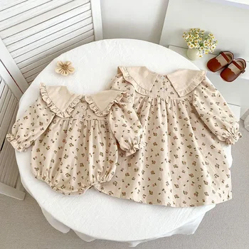2025 New Autumn Sister Dress 2-6Yrs Girl Party Dress Long Sleeved Cotton Print Kids Princess Dresses Baby Girl Romper