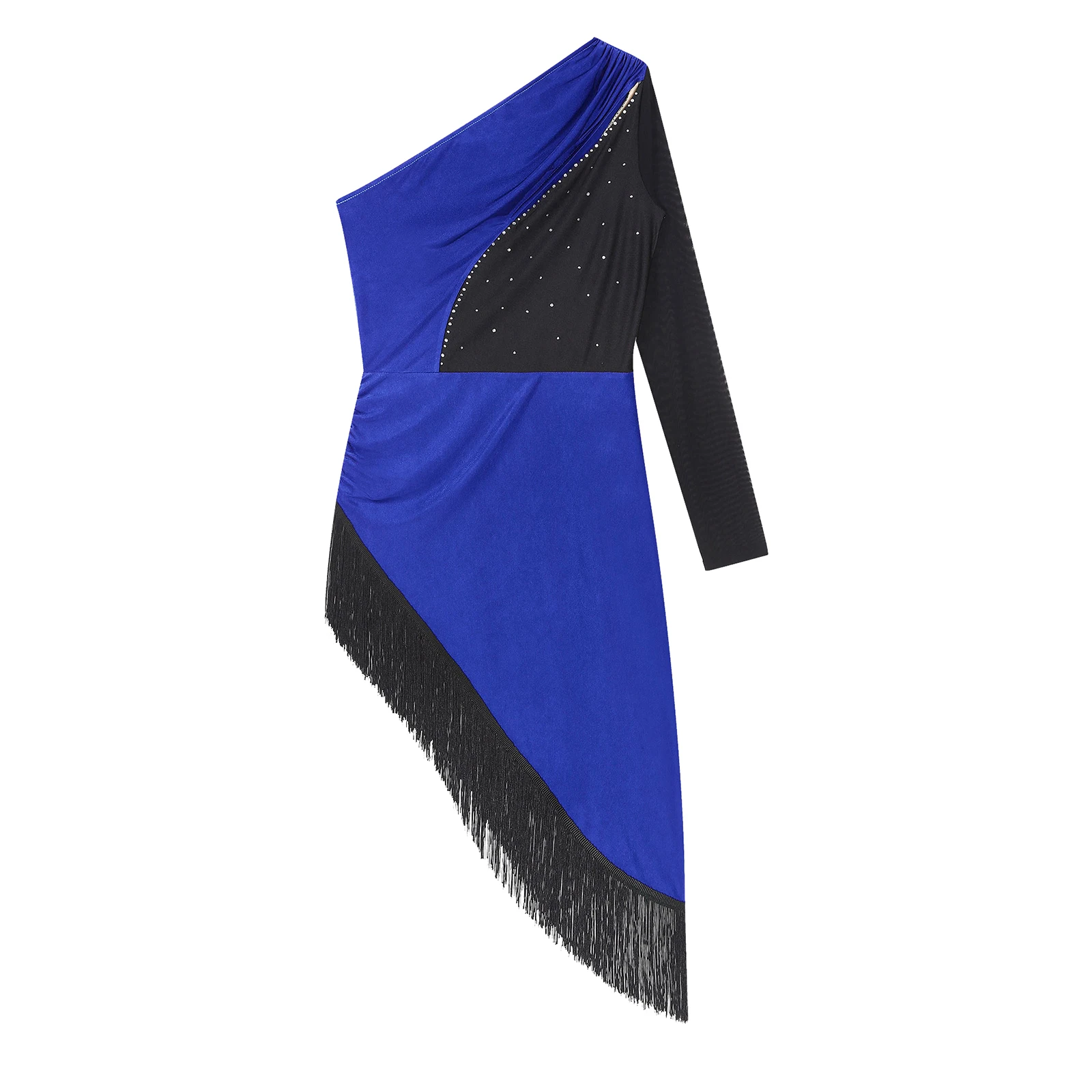 Latein-Tanzkleid mit Pailletten, Cha-Cha-Tango-Tanzkleid für Damen, Kabarett-Quaste, glänzende Strasssteine, One-Shoulder-Abschlussball-Ballsaalkleid – Detail 4