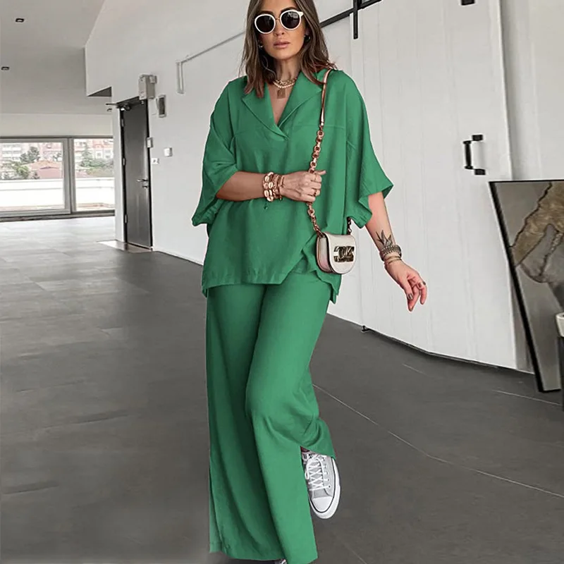 

2023 Summer Streetwear Loose Turndown Collar 3/4 Sleeve Shirt and Wide Leg Pants Set Fashion Casual 2 Piece Sets Women Outfit