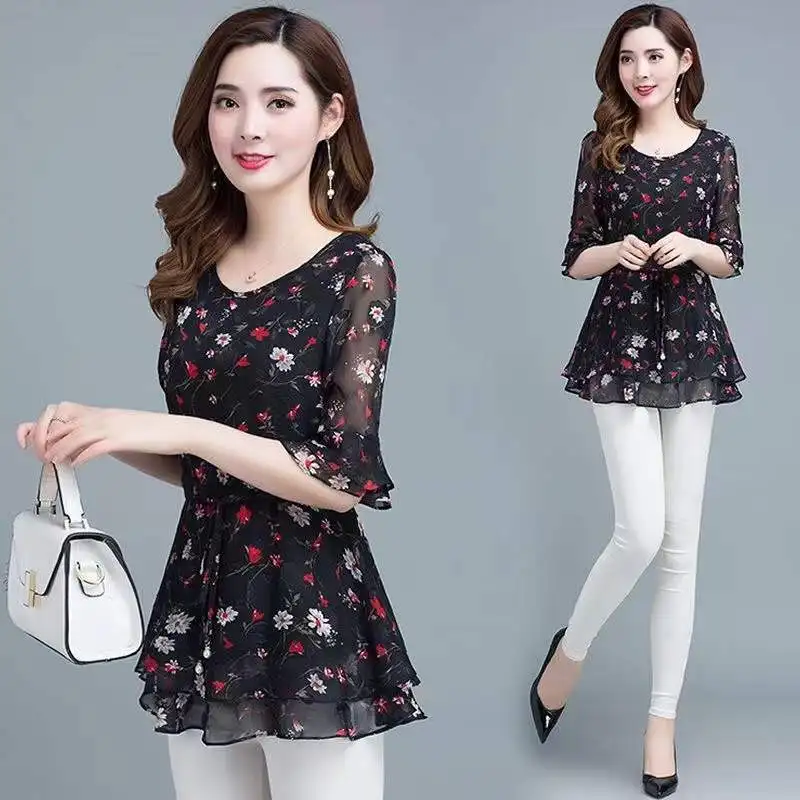 M-6XL New Floral Short-sleeved Chiffon Blouse Spring and Summer Long T-shirt O Neck Top