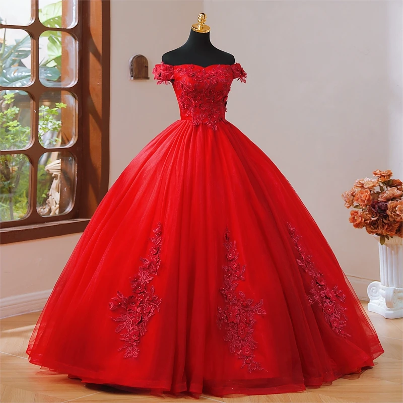 Summer New Red Quinceanera Dresses Sweet Flower Party Dress Luxury Lace Ball Gown Classic Boho Vestidos For Girls