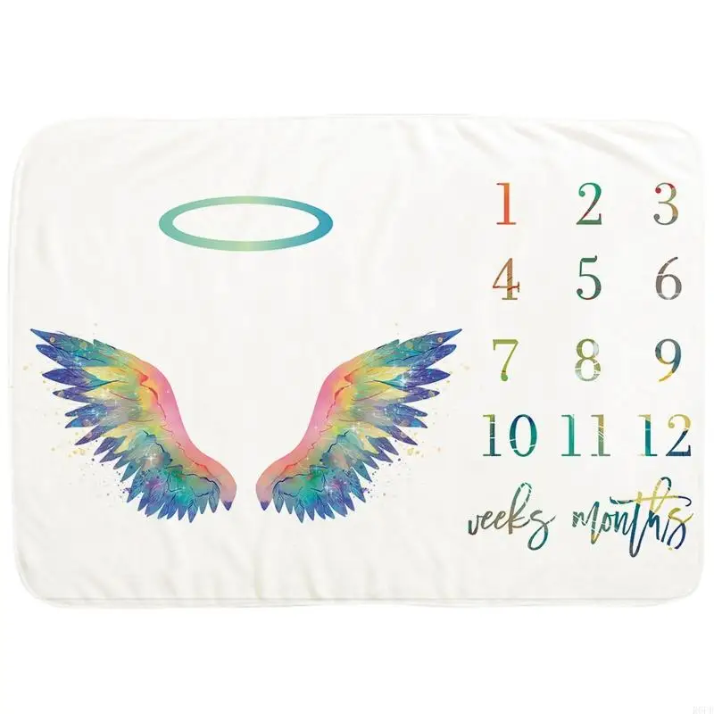 R6FD Baby Month Milestone Blanket Monthly Record Growth Blanket Newborn Soft Flannel Angel Wing Printed Photography 5