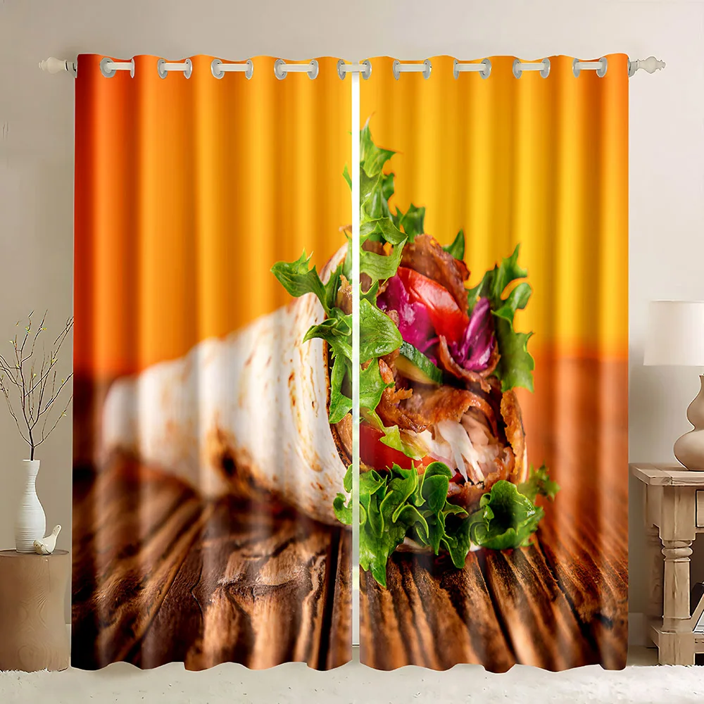 

Tasty Food Theme Blackout Curtain,Chicken Tacos Mexican Traditional Snack,Hamburger Pizza Fizzy Drinks Fries Window Curtains