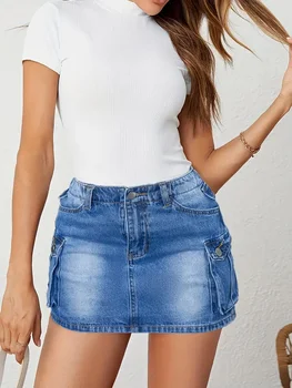 Women Sexy Straight-leg Denim Short Skirt Side Big Pocket Button Denim Miniskirt Summer 3