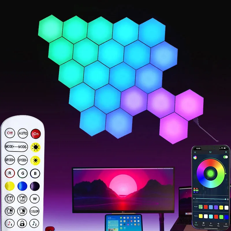 

Led Hexagon Lights Smart App Control RGB Colors Wall Light Panels DIY Modular Geometry Assembly Gaming Living Room Bedroom Decor