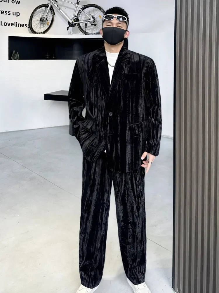 Spring Autumn Mens Velvet Suits Sets Loose Fit High Street Single Breasted Blazers Straight Pants Fashion Casual Two Piece Set