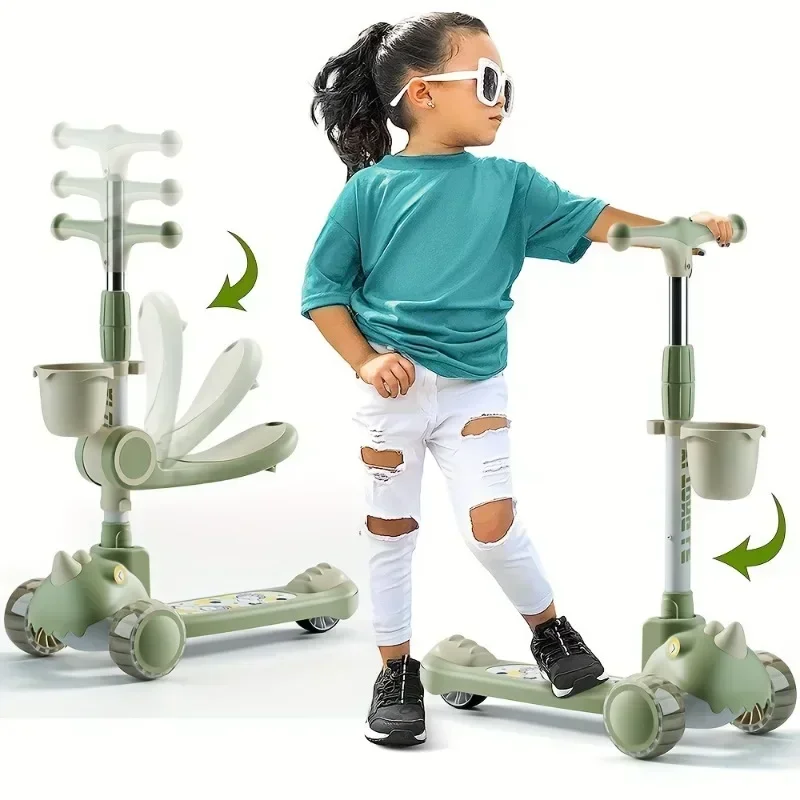 3 in 1 Foldable Kids Scooter with Music & Light Adjustable Lean-to-Steer Handlebar Removable Seat Safety Brake for Boys & Girls kick scooter
