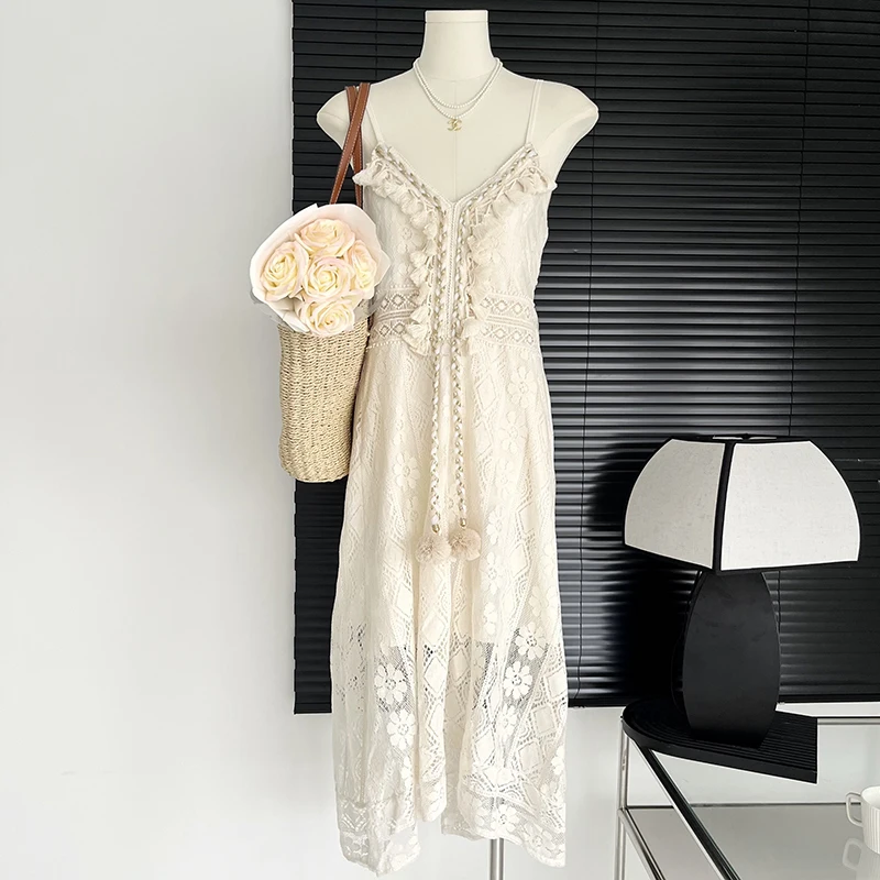 

Vintage Off Shoulder Lace Patchwork Elegant Dress Women Summer 2023 New V-Neck Spaghetti Strap Dress Female Fashion Party Dress