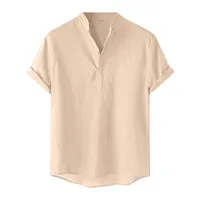 Male Solid Turndown Collar Blouse Short Sleeve Linen Cotton Casual Summer Shirt Tops Man Shirt Clothes Plus Size Camisas Hombre - Image 2