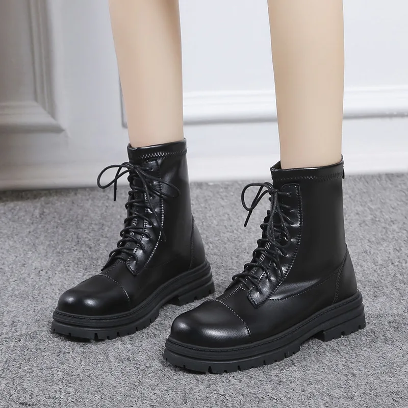 PU Leather Women's Ankle Boots Lace Up Boots Winter Shoes Women's Short Boots Platform Shoes Mujer Botas Black 2022 New