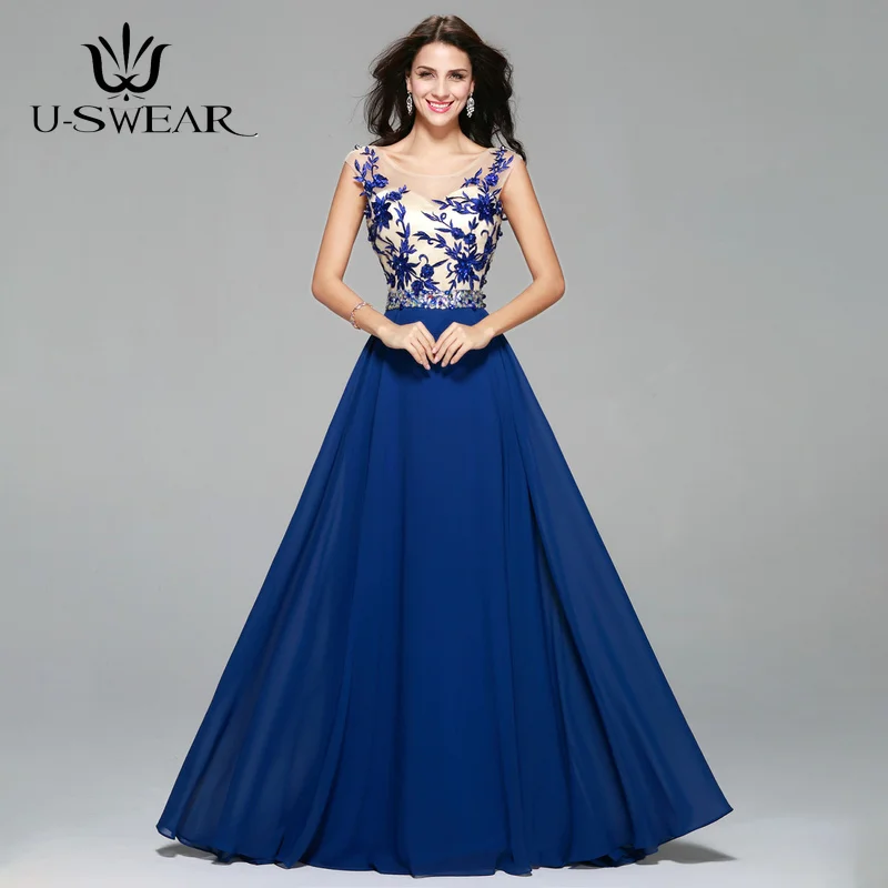 

Grace Royal Blue Evening Dresses Scoop Chiffion Prom Dresses Lace Sleeveless Beading Women Long Evening Gown Robe De Soiree