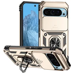 Heavy Duty Armor Slide Window Lens Protect Phone Case with Magnetic Holder Ring and Enhanced Protection - Pixel 7 Pro (Gold)