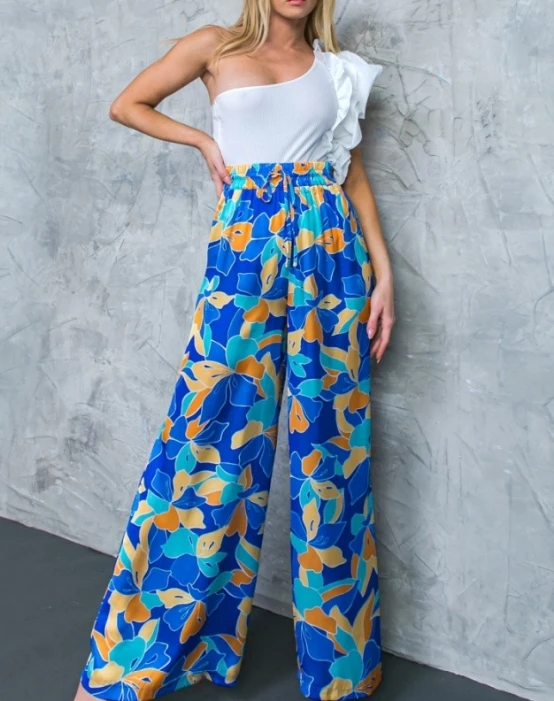2024 for Women Pants Sets Fashion Causal Simple Printed Bubble Long Sleeved Shirt with Tie Up Wide Leg Pants Two-Piece Set