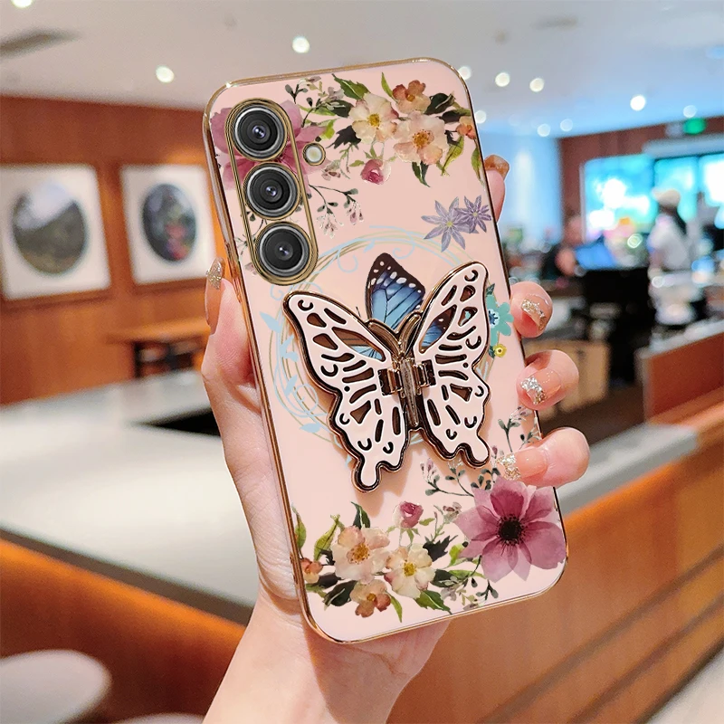 Elegant Flower Butterfly Plating Phone Case with Holder