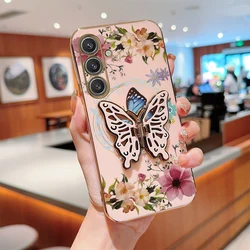 Elegant Flower Butterfly Plating Phone Case with Holder - Galaxy S22 (Pink)