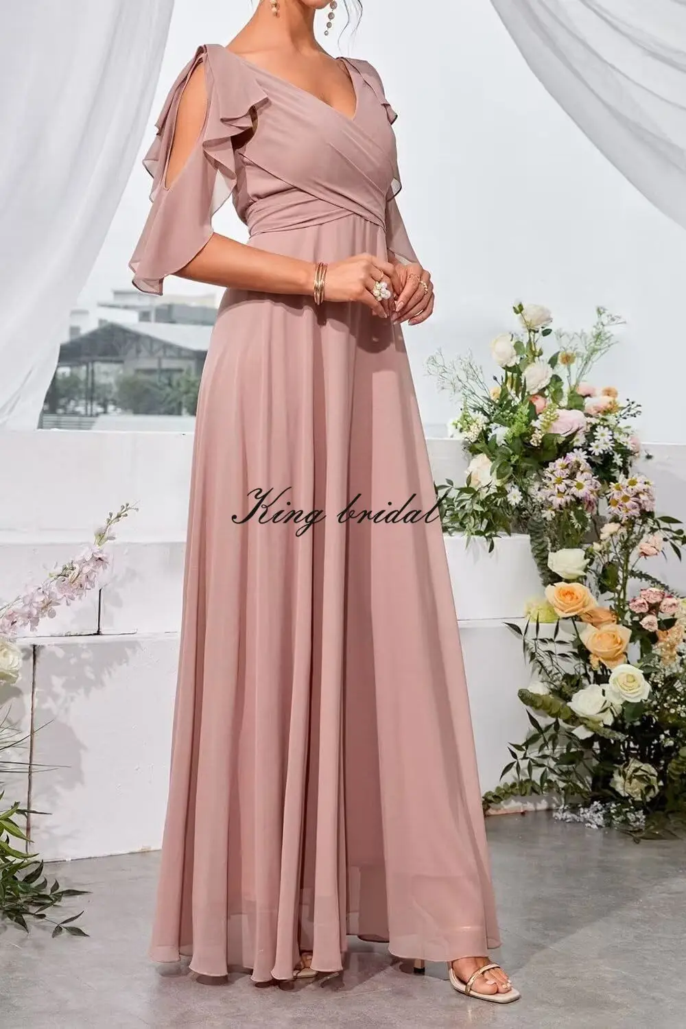 Simple Bridesmaid Dresses for Women with Cold Sleeves V Neck A Line Pleated Prom Dress Formal Evening Gown Wedding Guest Dresses