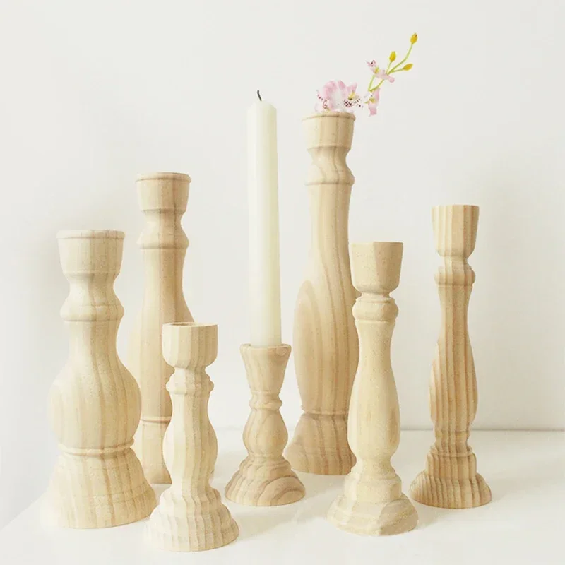 Wood Unfinished Candlesticks Holders Retro Unpainted Wood Classic Craft Candle Holders Creative Diy Home Wedding Decorations