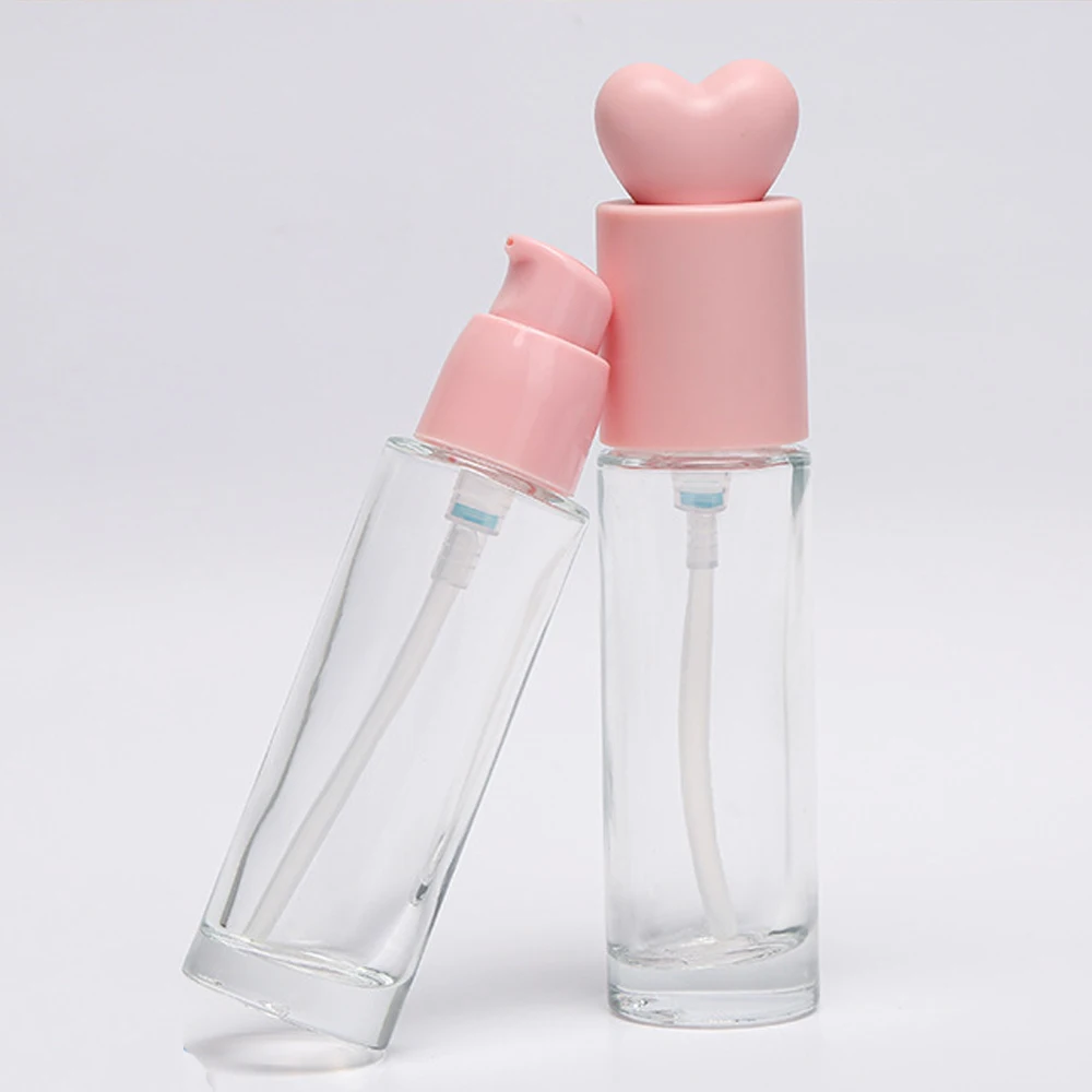 Elegant Pink Heart Glass Bottle with Pump - 30ml Cosmetic Container
