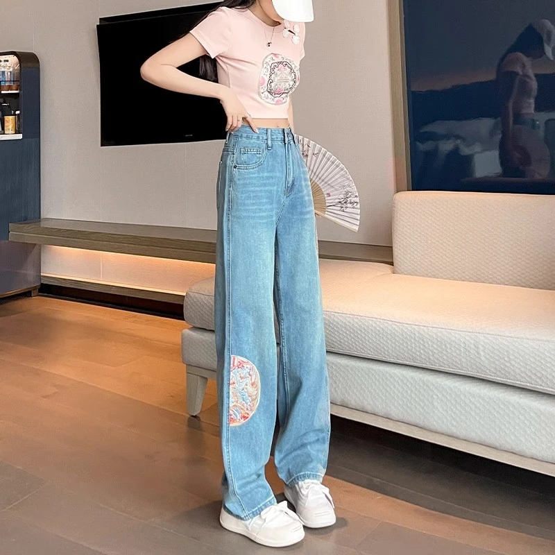 

Новые джинсы с вышивкой и широкими штанинами в китайском национальном стиле женские новые свободные тонкие узкие прямые штаны с высокой талией