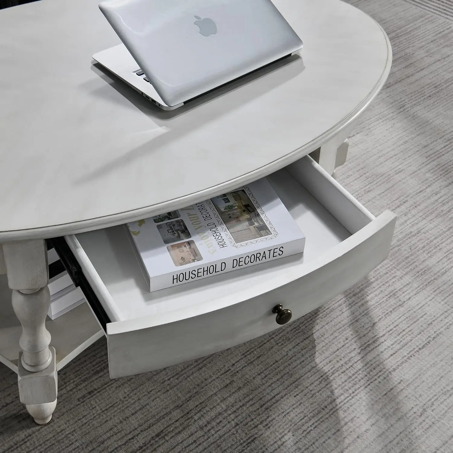 Solid Wood Oval Coffee Table 44.9" Antique White with Drawer Storage Shelf Traditional Retro Center Table Polished Edging