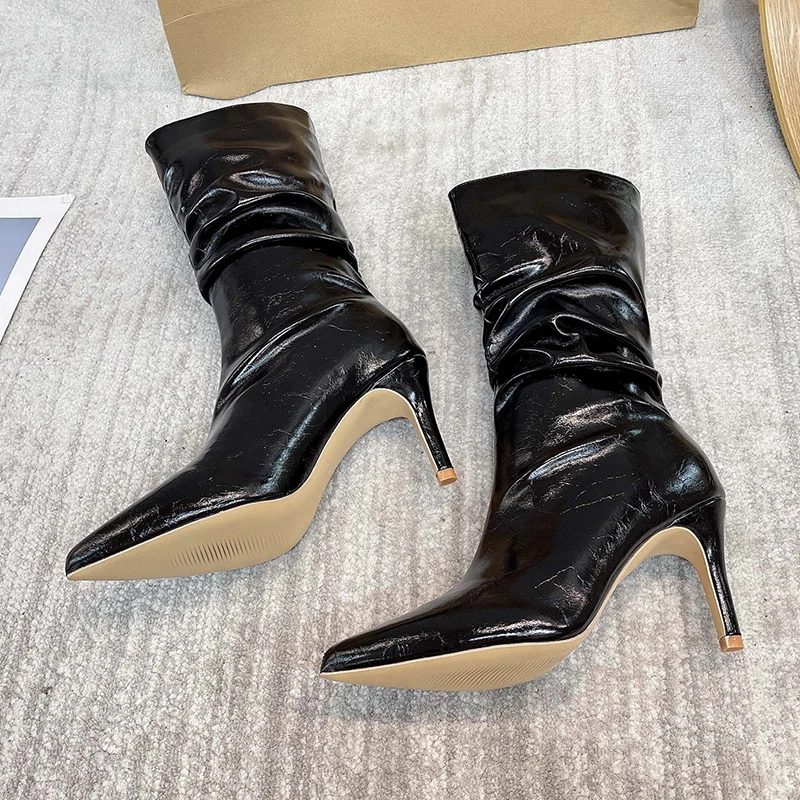Fashion Women Mid-Calf Boots Sexy Solid Color Leather Folds Boots Pointed Toe Thin Heels Stiletto Party Shoes Large Size 35- 41
