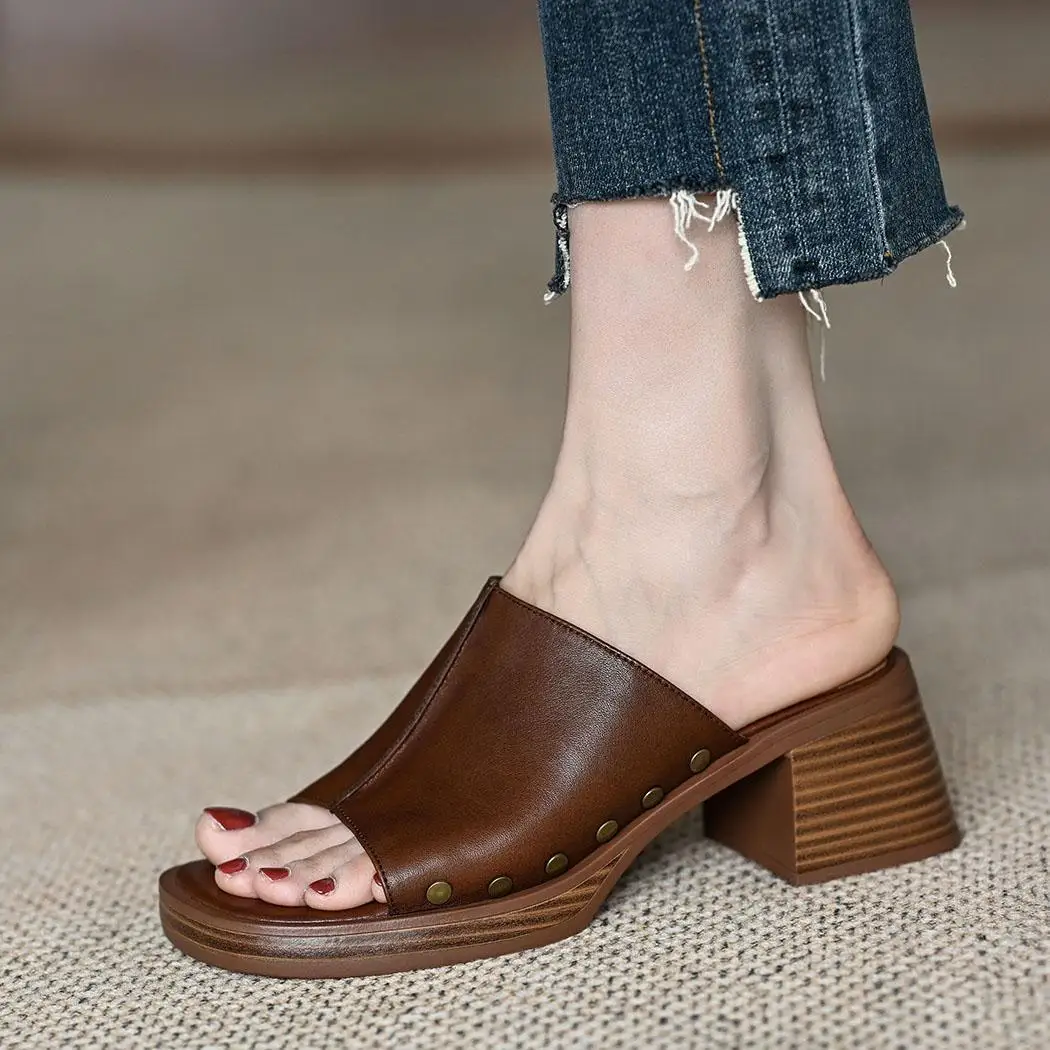 Trendy 2025 Women's Brown SlipOn Sandals Open Toe Square Heel 6cm — free download